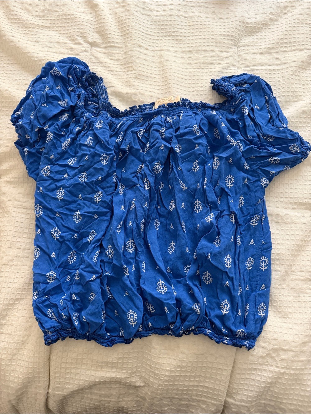 BEACHGOLD Blue Smocked Crop Top with White Print
